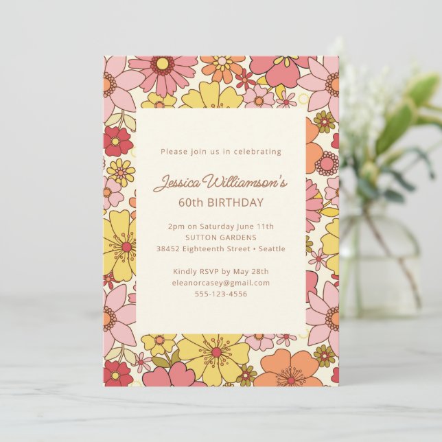 Invitación Retro Boho Rosa Amarillo Floral Groovy 60 Cumpleañ (Anverso de pie)