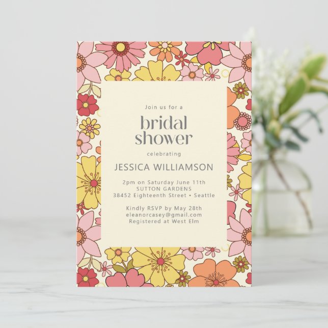 Invitación Retro Boho rosa Floral amarillo rosa Groovy ducha  (Anverso de pie)