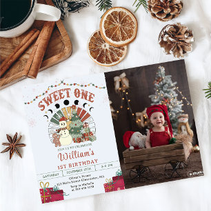 Invitación Retro Boho Snowman Árbol de Navidad Primer Cumplea