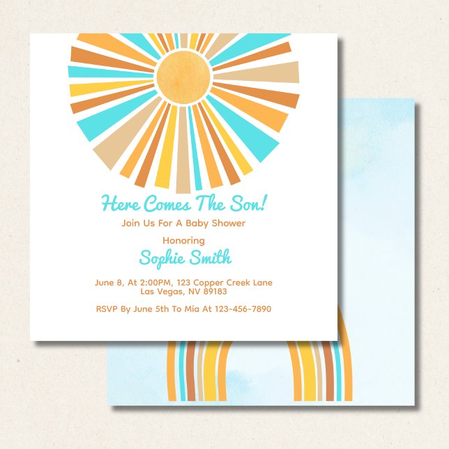 Invitación Retro Boho Sunshine, aquí viene el hijo, arcoiris (Subido por el creador)