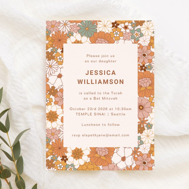 Invitación Retro Boho Terracotta Floral Dulce Bat Mitzvah  (Subido por el creador)