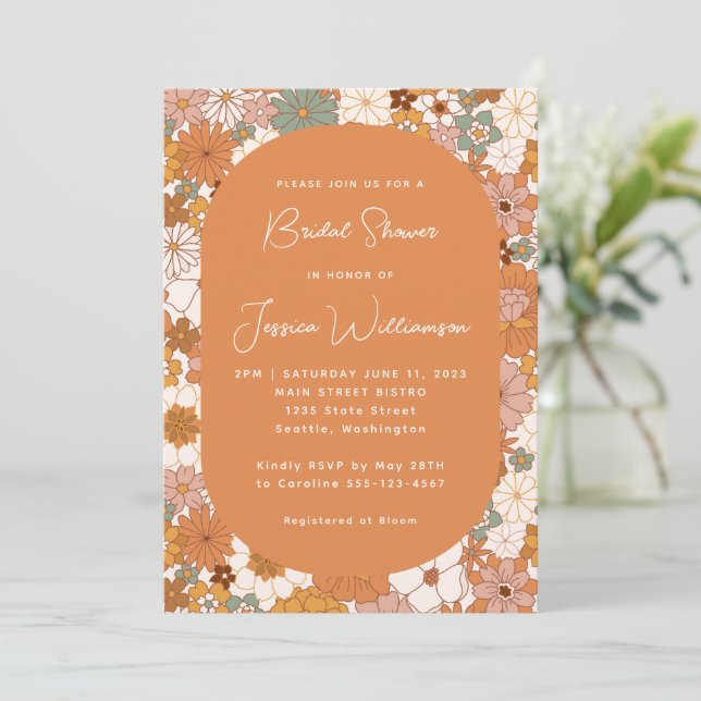 Invitación Retro Boho Terracotta Floral Trendy Bridal Shower (Anverso de pie)