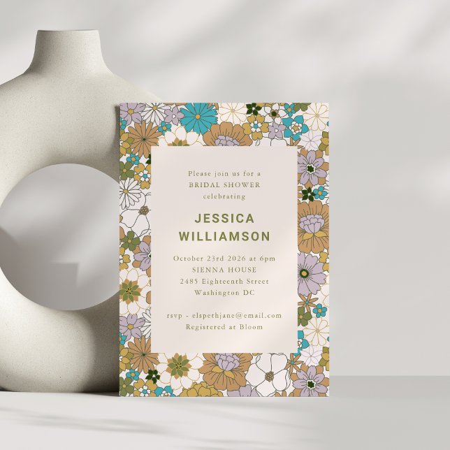 Invitación Retro Boho Verde azulado Floral Marrón Cute Ducha  (Subido por el creador)