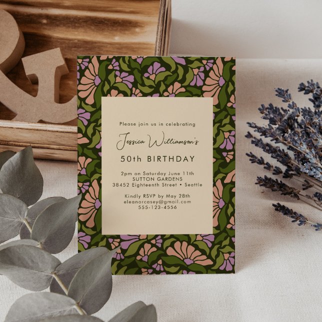 Invitación Retro Boho Verde Botánico Groovy 50 Cumpleaños (Subido por el creador)