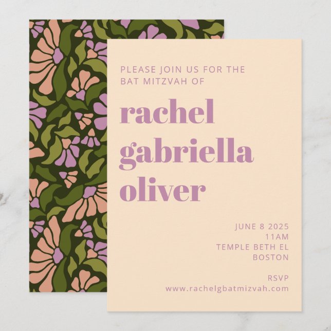 Invitación Retro Boho Verde Botánico Groovy Bat Mitzvah (Anverso / Reverso)