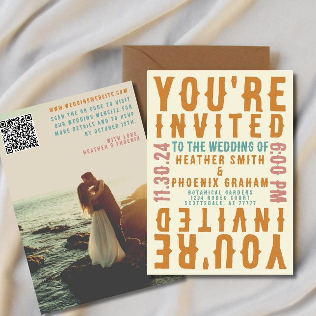 Invitación Retro Bold Bright Photo y QR code Boda (Subido por el creador)