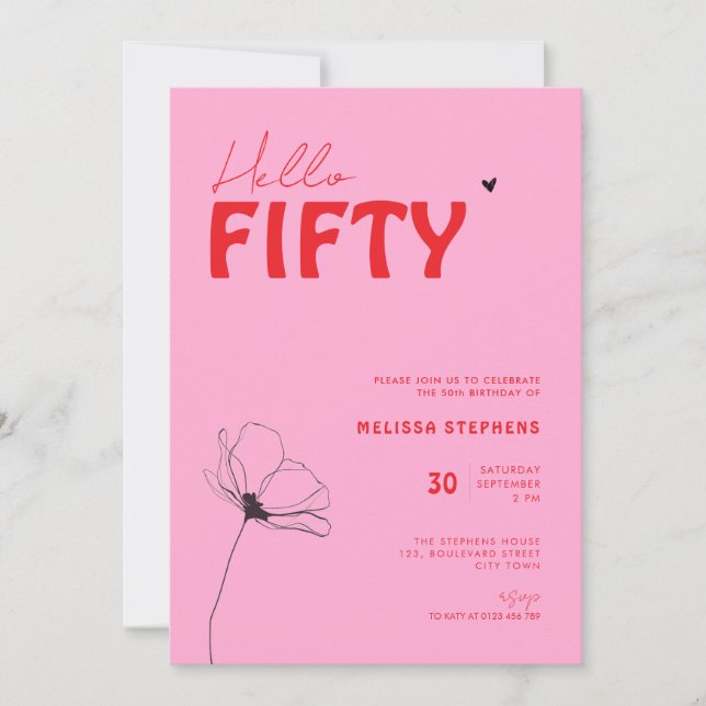 Invitación Retro Bold Typo Pink Red Simple 50th Birthday (Anverso)