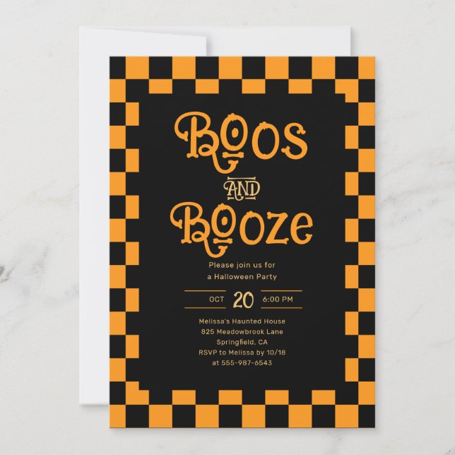 Invitación Retro Boos And Booze Halloween Checkered Orange (Anverso)