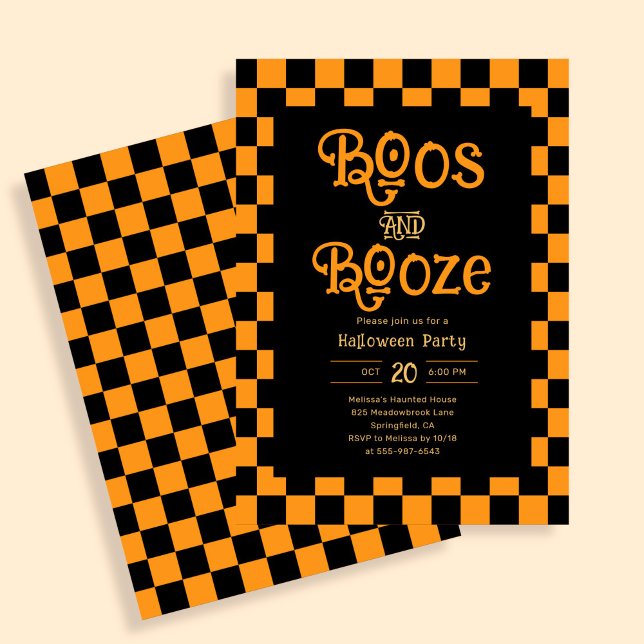 Invitación Retro Boos And Booze Halloween Checkered Orange (Subido por el creador)