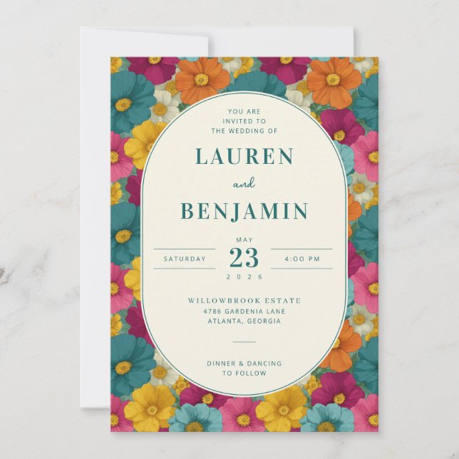 Invitación Retro Botanica and Teal Wedding (Anverso)