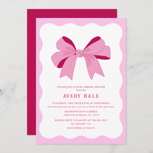 Invitación Retro Bow Rosa Lilac Moda Curva Wavy Bridal Shower (Anverso / Reverso)