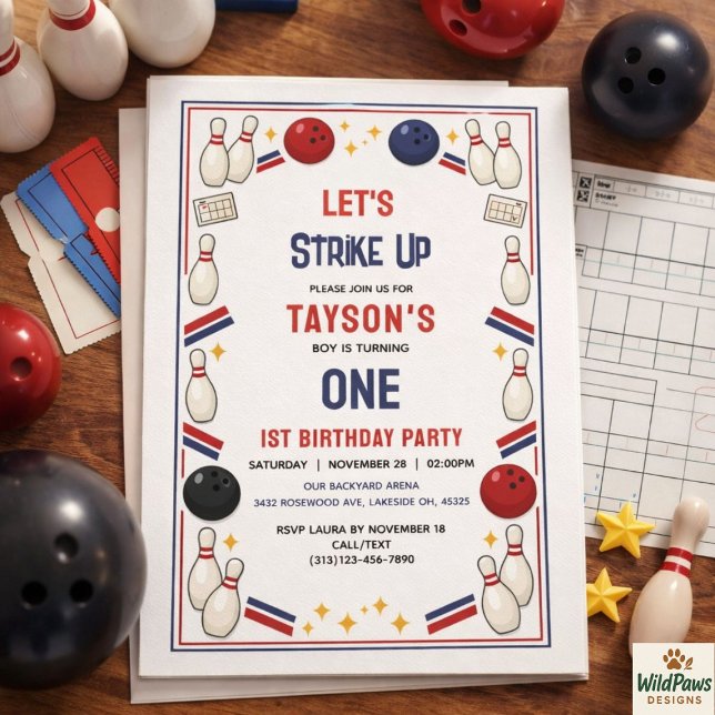 Invitación Retro Bowling 1st Birthday Party – Fun Kids  (Retro Bowling 1st Birthday Party – Fun Kids Invitation
)