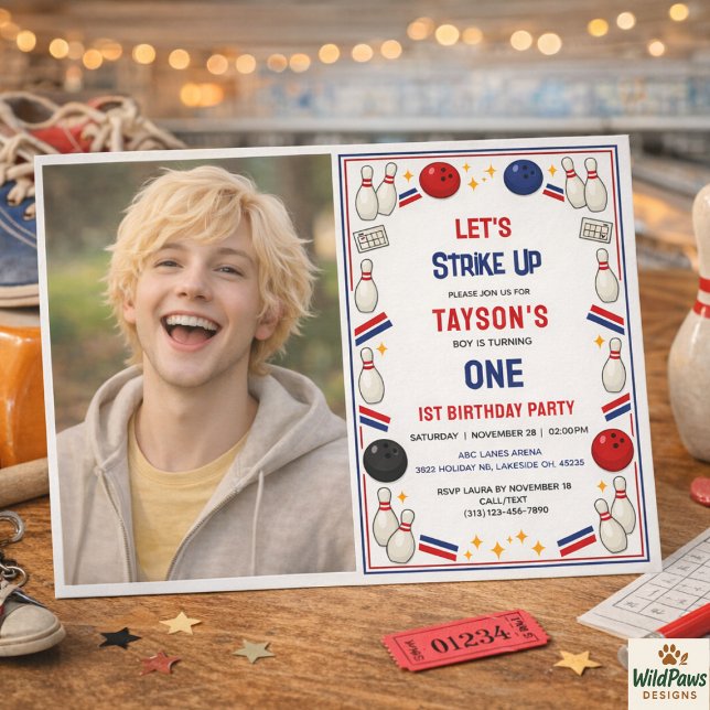 Invitación Retro Bowling 1st Birthday Party – Fun Kids  (Retro Bowling 1st Birthday Party – Fun Kids Invitation
)