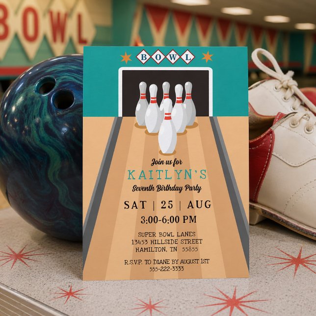 Invitación Retro Bowling Birthday Party (Retro Bowling Birthday Party Invitation)