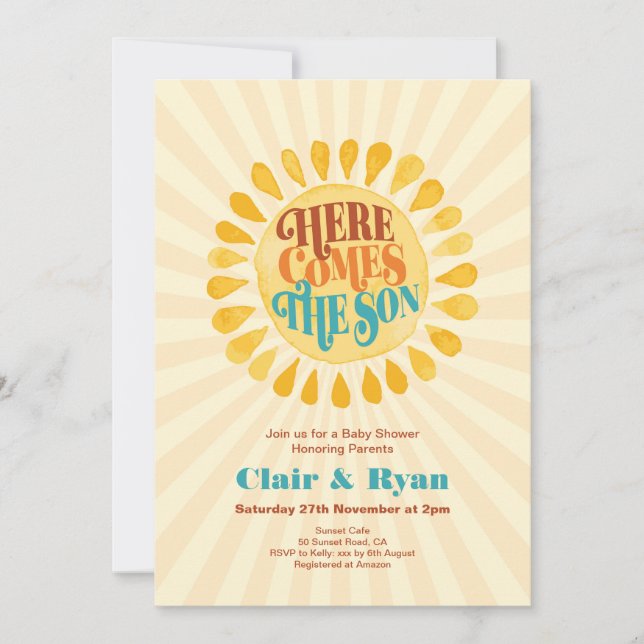 Invitación Retro Boy Baby Shower, aquí viene el hijo (Anverso)