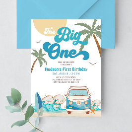 Invitación Retro Boy Big One Surfing Primer Fiesta de cumplea