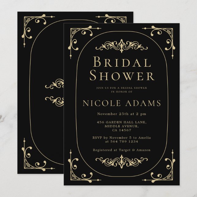 Invitación Retro Bridal Retro de Oro Negro Elegante Art Deco (Anverso / Reverso)