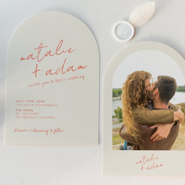 Invitación Retro Bright Orange Whimsical Photo Arched Wedding (Subido por el creador)
