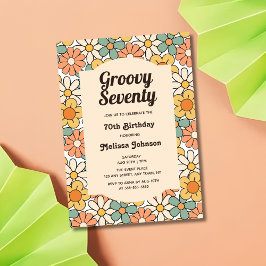 Invitación Retro Brown Peach Floral Groovy 70 cumpleaños