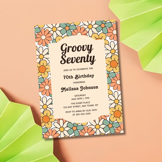 Invitación Retro Brown Peach Floral Groovy 70 cumpleaños (Subido por el creador)