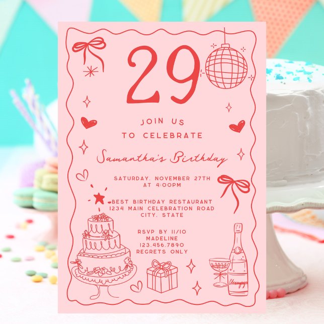 Invitación Retro Caprichoso Extravagante Cumpleaños 29 Rojo R (Subido por el creador)