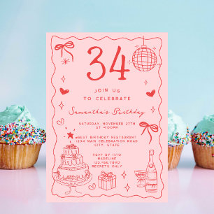 Invitación Retro Caprichoso Extravagante Cumpleaños 34 Rojo R