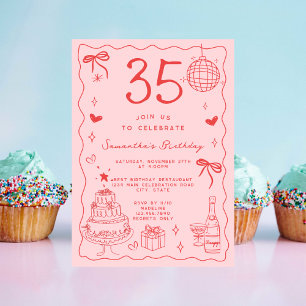 Invitación Retro Caprichoso Extravagante Cumpleaños 35 Rojo R