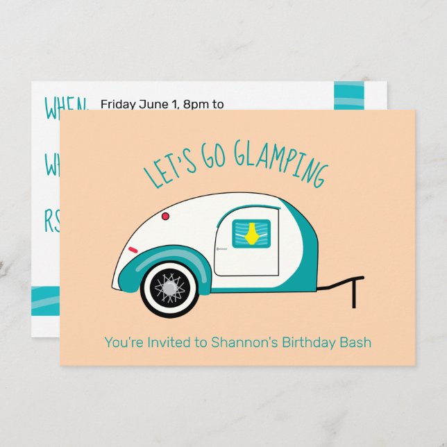 Invitación Retro Caravana Aquamarina en Forma de Lágrima para (Anverso / Reverso)