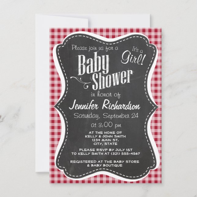 Invitación Retro Chalkboard; Carmine Red Gingham; Checkered (Anverso)