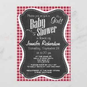 Invitación Retro Chalkboard; Carmine Red Gingham; Checkered