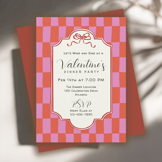 Invitación Retro Checkerboard Handdrawn Bow Valentine Dinner (Subido por el creador)
