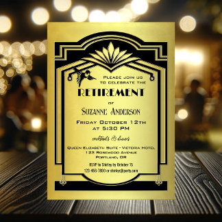 Invitación Retro Classic Black Gold Art Decor Retirement Fies