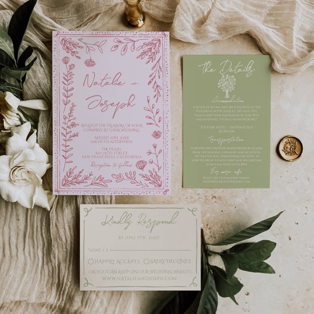 Invitación Retro Colorful Hand Drawn Floral Garden Wedding (Subido por el creador)