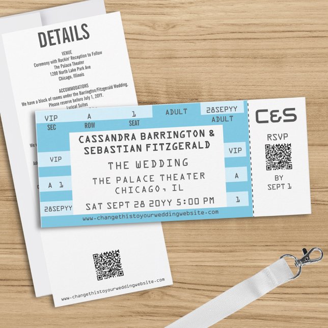 Invitación Retro Concert Ticket All-in-One Blue Wedding (Custom concert ticket all-in-one wedding invites for your music theme wedding)