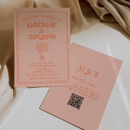 Invitación Retro Coral Hand Drawn QR Code Quirky Wedding