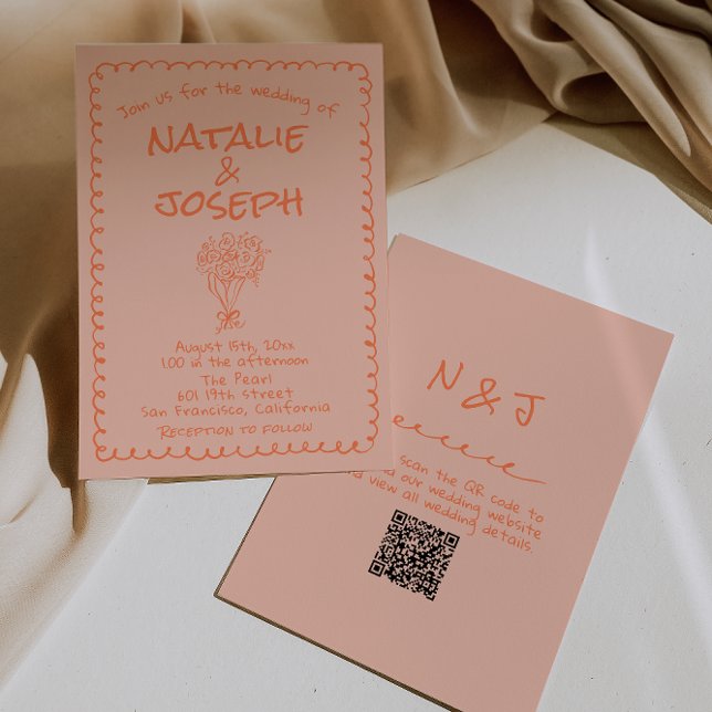 Invitación Retro Coral Hand Drawn QR Code Quirky Wedding (Subido por el creador)