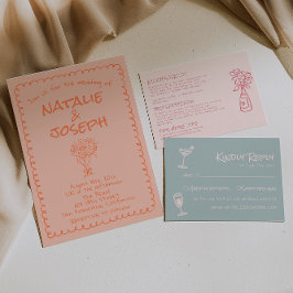 Invitación Retro Coral Hand Drawn Written Quirky Fun Wedding