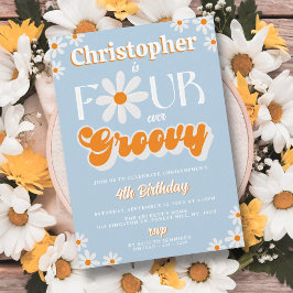 Invitación Retro Cuatro Niños Groovy De Cuarto Cumpleaños