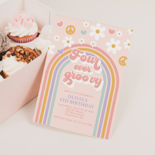 Invitación Retro Cuatro nunca Groovy Arcoiris 4º cumpleaños