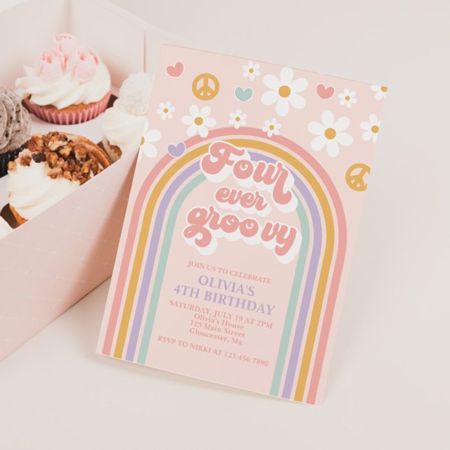 Invitación Retro Cuatro Siempre Groovy Arcoíris Cumpleaños 4 (Subido por el creador)