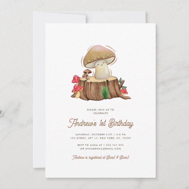 Invitación Retro Cute Kawaii Pequeño Mushroom 1er cumpleaños (Anverso)