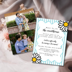 Invitación Retro Daisies Azul 2 Foto Día de Adopción Palacio 