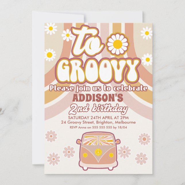 Invitación Retro Daisies Combi Two Groovy 2º cumpleaños (Anverso)
