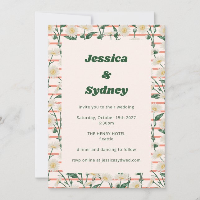 Invitación Retro Daisies Floral Garden Green Unique Boda (Anverso)
