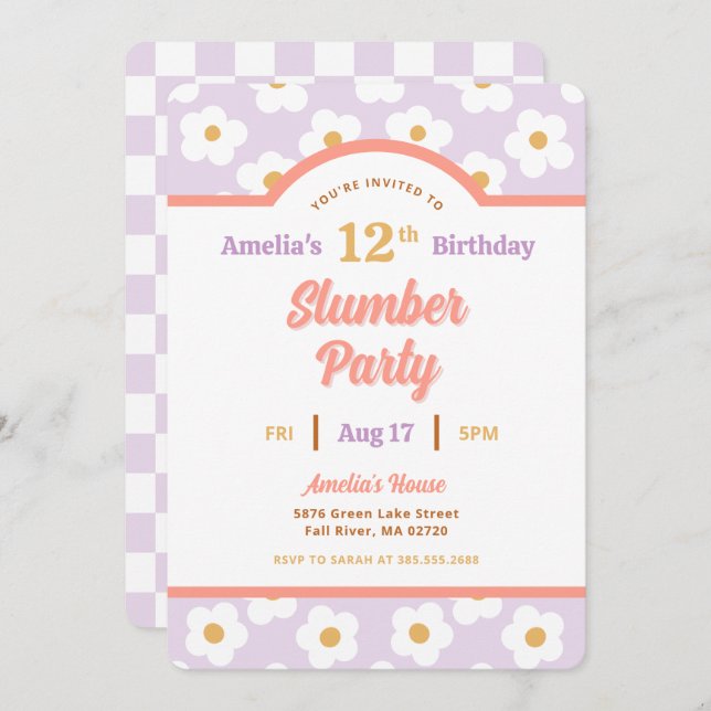 Invitación Retro Daisy Birthday Slumber Fiesta (Anverso / Reverso)