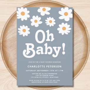 Invitación Retro Daisy Blue Baby Shower