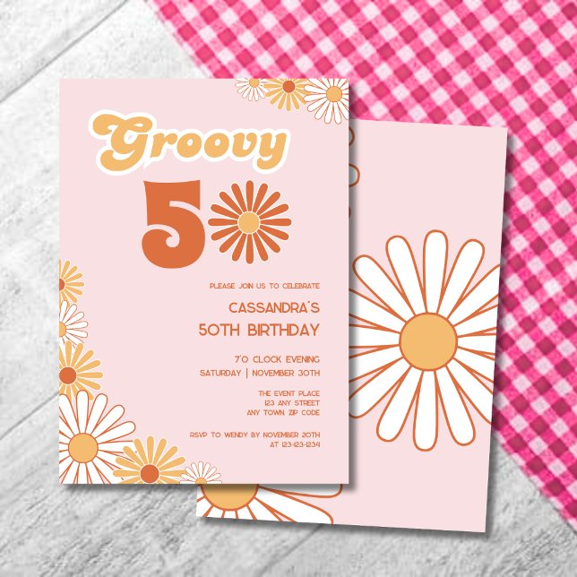 Invitación Retro Daisy Boho Orange Pink 50th Birthday (Subido por el creador)
