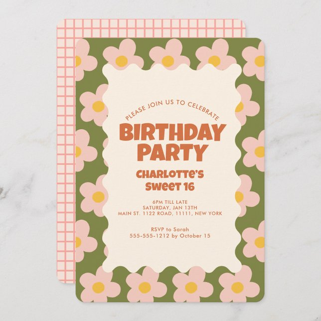 Invitación Retro Daisy Checker Dulce 16 Fiesta de cumpleaños (Subido por el creador)
