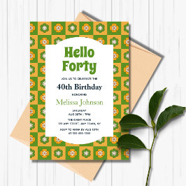 Invitación Retro Daisy Floral Checkered Hola Cuarenta Cumplea