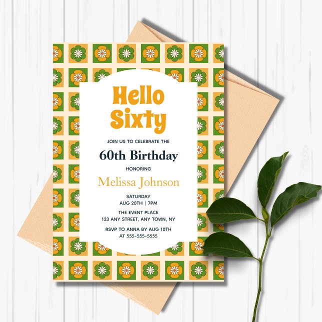 Invitación Retro Daisy Flower Checkered Hola Sesenta cumpleañ (Subido por el creador)